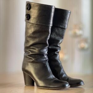 Vintage DKNY Black Leather Fold-Over Cuff Heeled Boots 90s Y2K Minimalist 6.5M